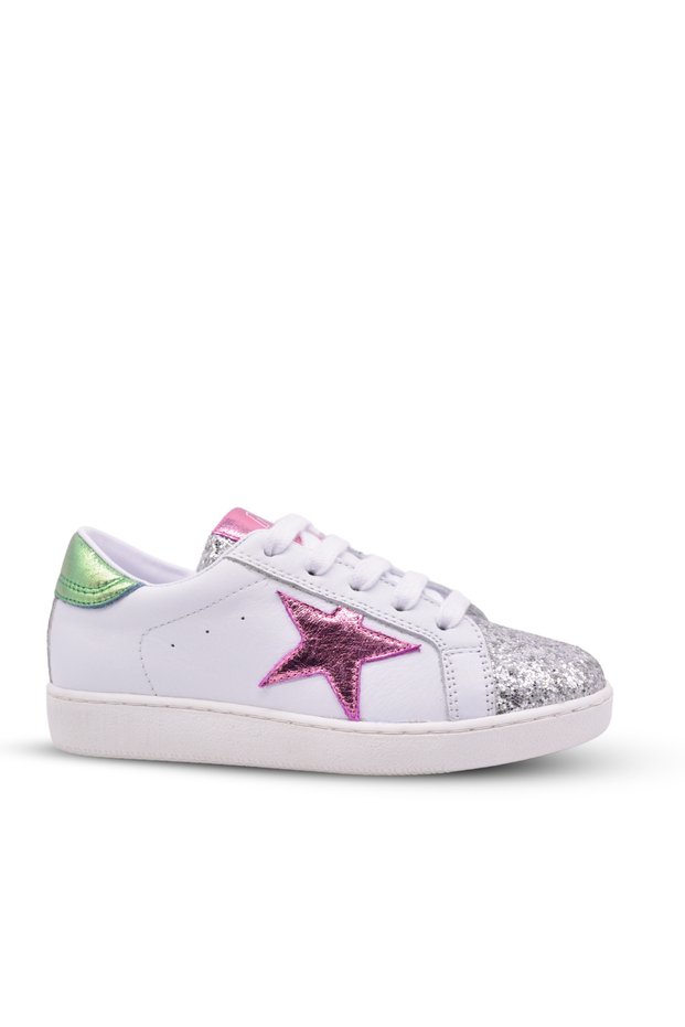 Diamond Girl's Genuine Leather White Casual Shoes with Sequin Detail