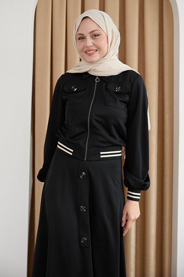 Ribbed Buttoned Black Double Suit - 2