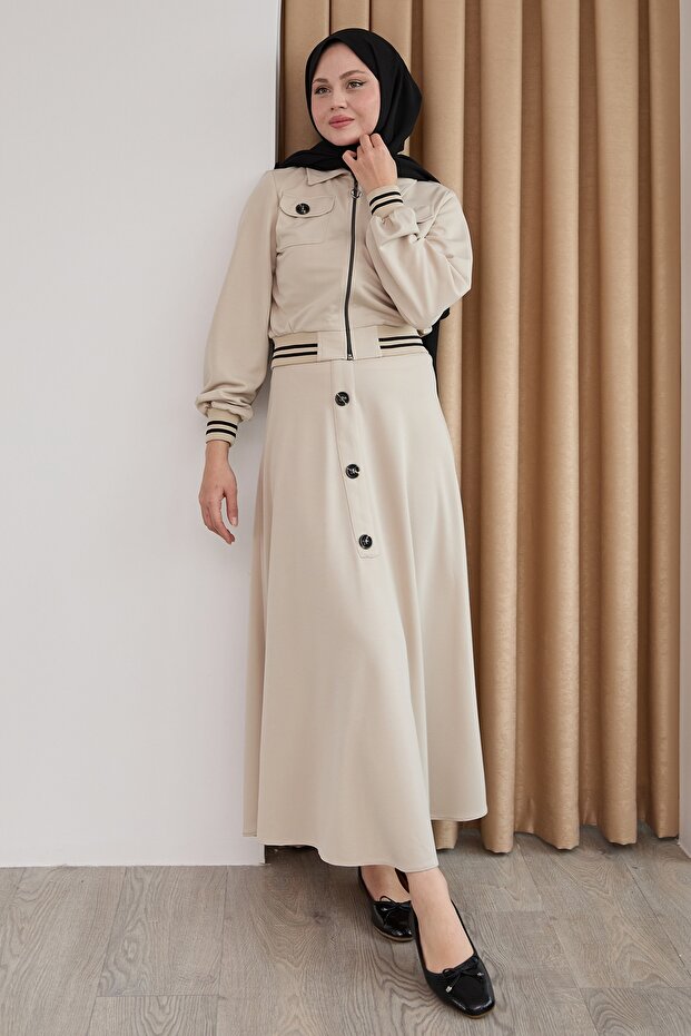 Ribbed Buttoned Stone Double Suit - 1