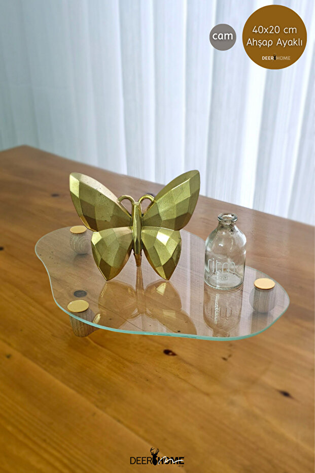 Curved Glass Tray with Wooden Base Decorative Organizer Stand for Makeup/Jewelry/Kitchen.