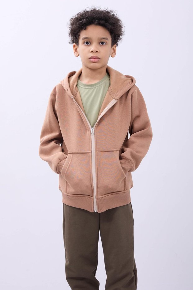 Unisex Children's Hooded Zipper Cardigan – Brown Comfortable and Stylish Casual Top