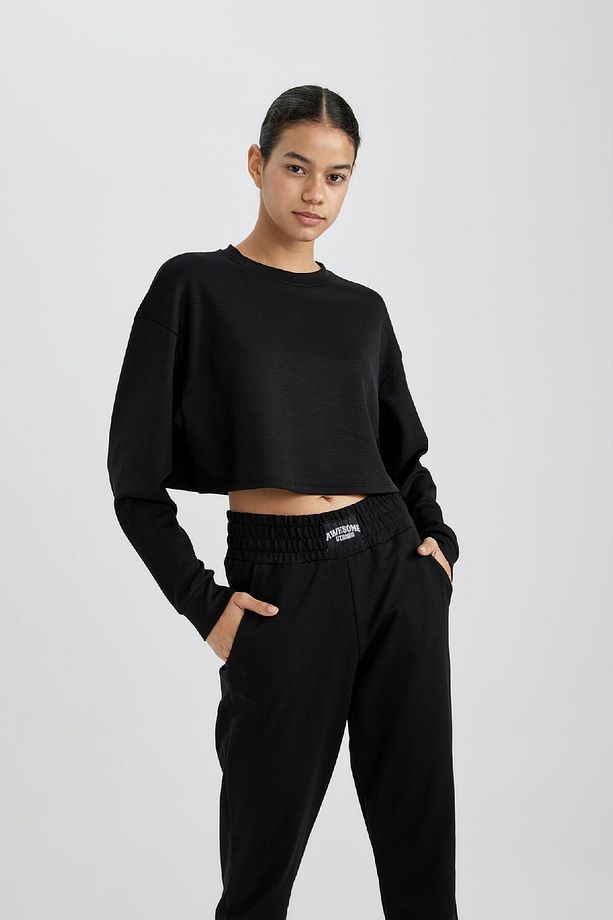 DeFactoFit Crop Bisiklet Yaka Basic Düz Sporcu Sweatshirt B4222AX24SP - 6