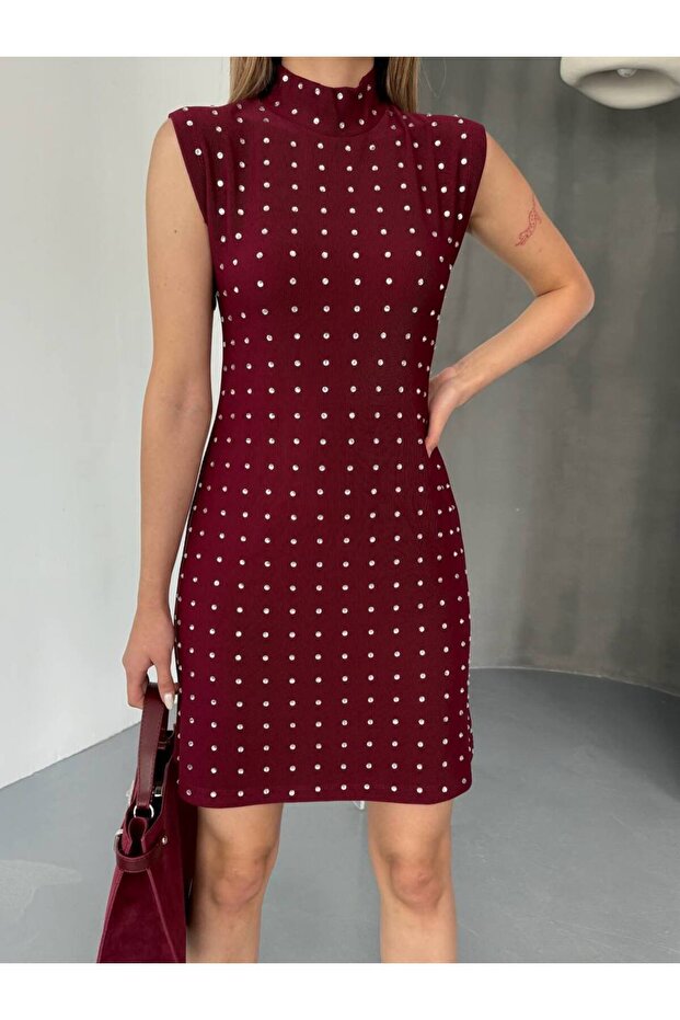 Taşlı Kadın Ottoman Mini Elbise - 5