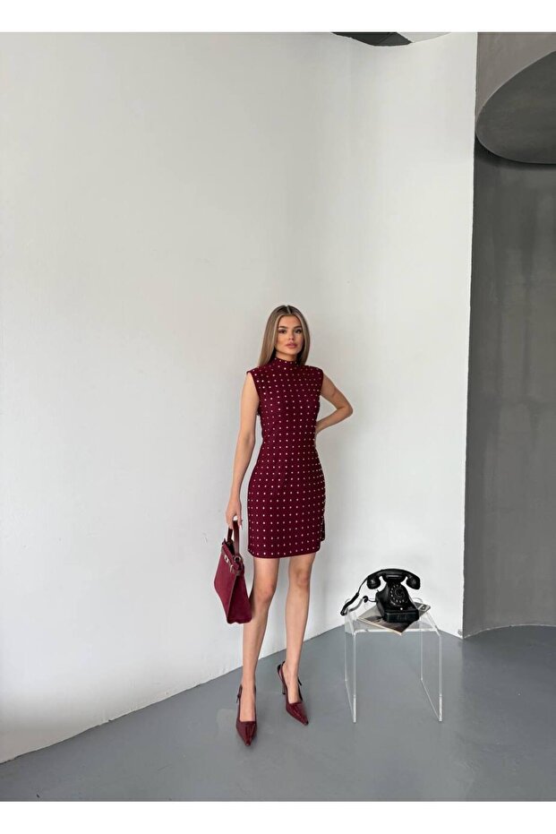 Taşlı Kadın Ottoman Mini Elbise - 6