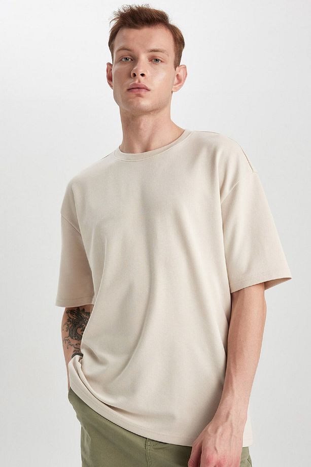 Oversize Geniş Kalıp Bisiklet Yaka Kısa Kollu Basic Düz Ağır Kumaş Tişört X3926az24sp - 1