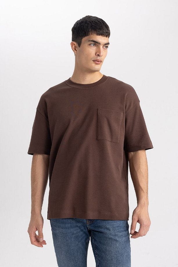 Oversize Geniş Kalıp Bisiklet Yaka Basic Düz Kısa Kollu %100 Pamuk Ağır Kumaş Tişört T3661az24sp - 4