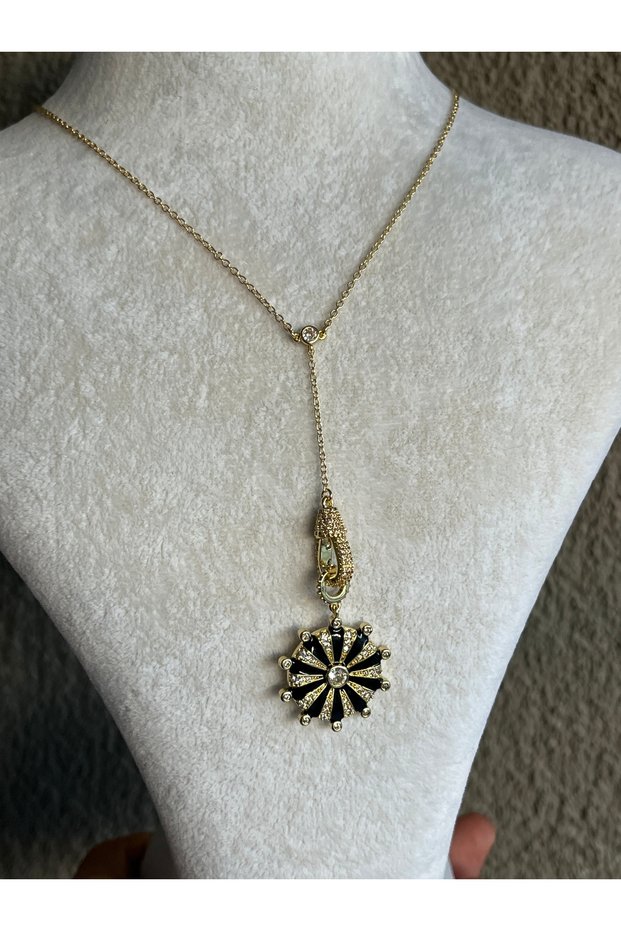 Black Enameled Zircon Stone Sun Steel Necklace
