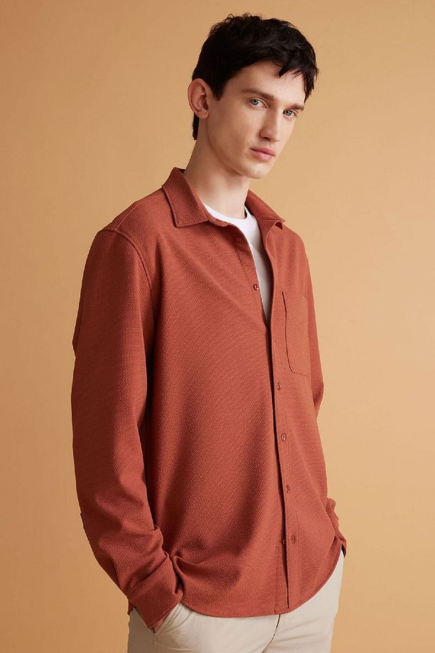 Regular Fit Polo Yaka Krinkıl Basic Düz Uzun Kollu Gömlek B6484ax24sp - 1