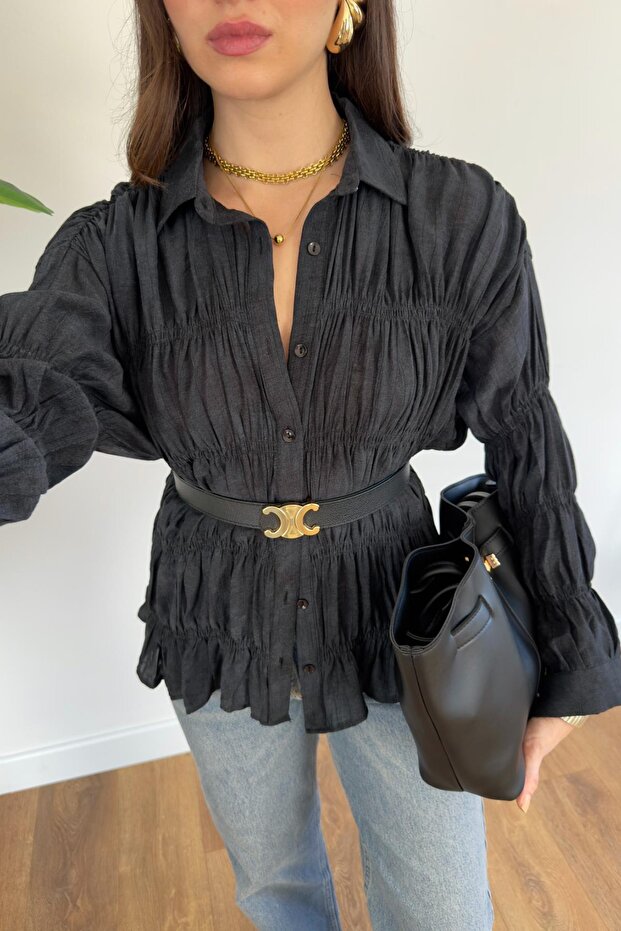 Women's Gathered Ruffled Thin Black Shirt