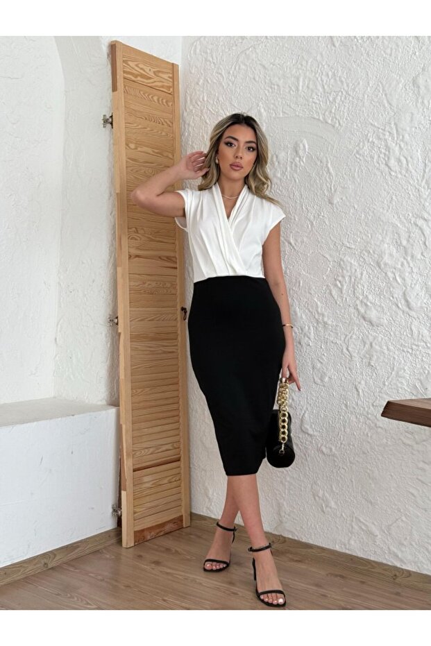 Women's Short Sleeve Double Breasted Crepe Dress (Without Belt)