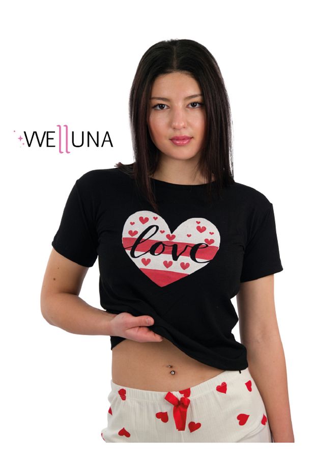 Kısa Kollu Kalp Baskılı Şortlu Kadın Pijama Takımı- Şort Tshirt Pijama- Yazlık Pijama - 3