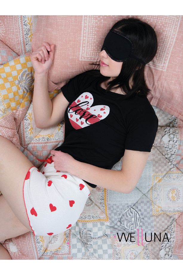 Kısa Kollu Kalp Baskılı Şortlu Kadın Pijama Takımı- Şort Tshirt Pijama- Yazlık Pijama - 1