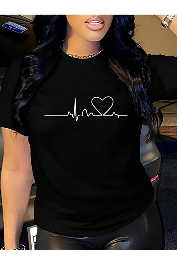 Rhythmic Heart T-Shirt - Black Printed Oversize Crew Neck Short Sleeve Loose Fit