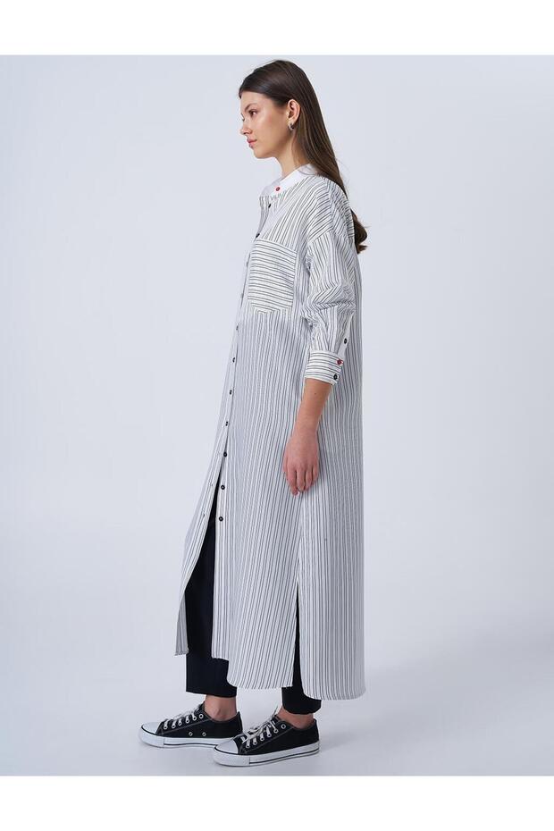 سترة طويلة بنمط الخط الأبيض البصري - 4