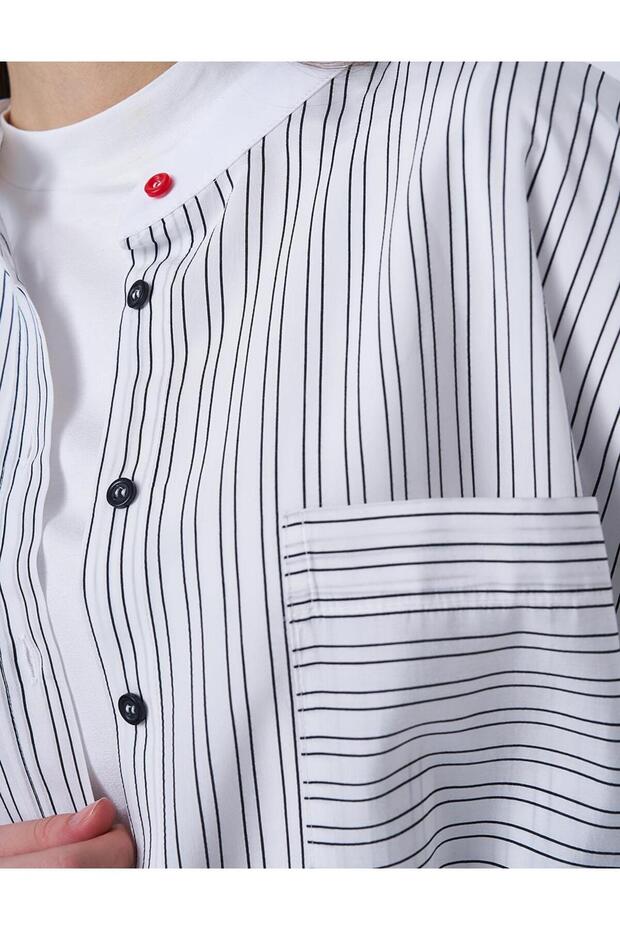 سترة طويلة بنمط الخط الأبيض البصري - 6