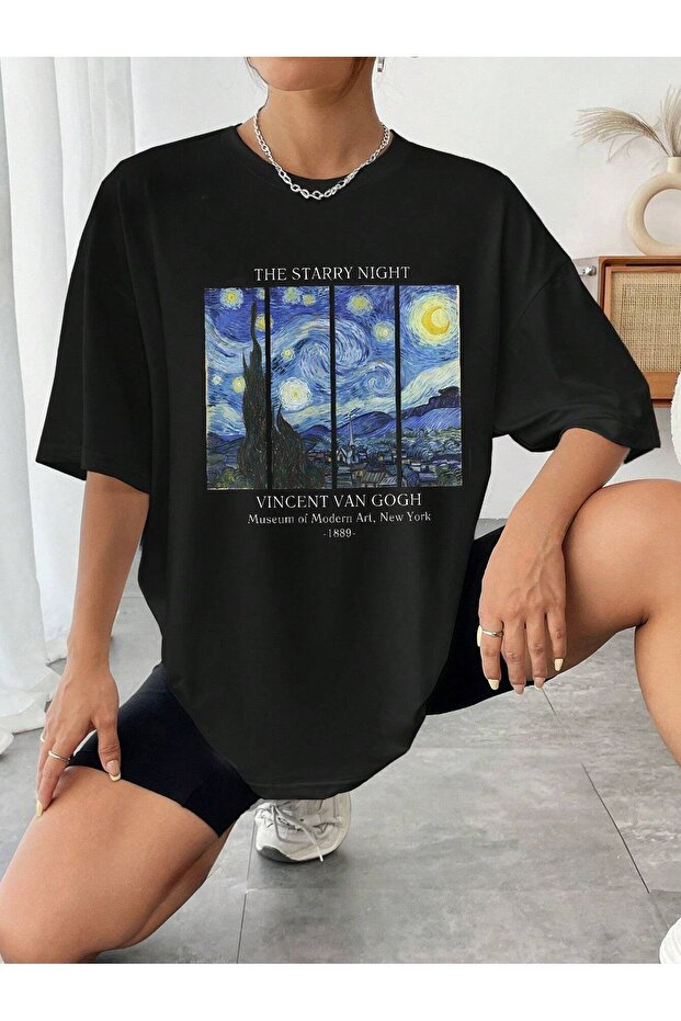 Starry Night T-Shirt - Black Printed Oversize Crew Neck Short Sleeve Loose Fit