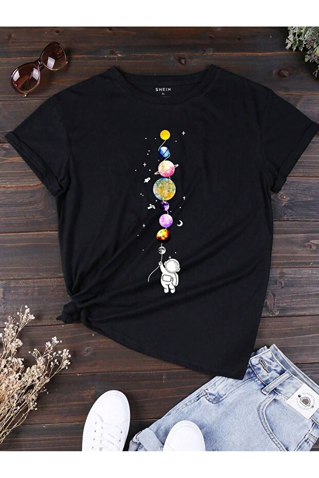 Balloon Planets T-Shirt - Black Printed Oversize Crew Neck Short Sleeve Loose Fit