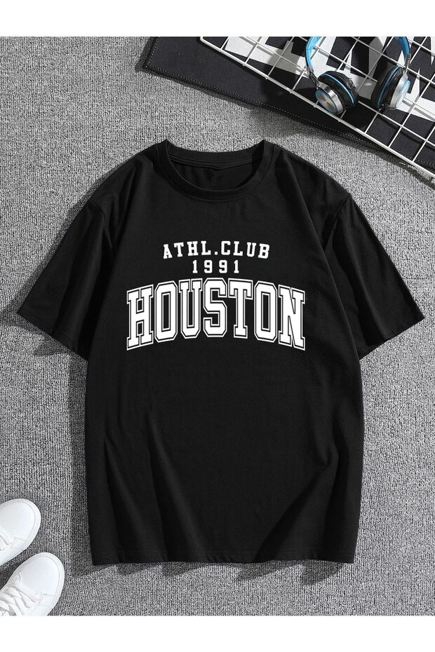 Houston 1991 T-shirt - Black, Printed, Crew Neck, Oversize, Short Sleeve, Loose