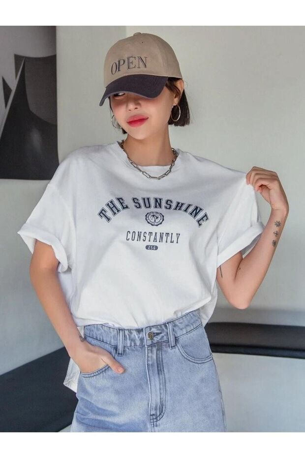 The Sunshine T-shirt - White Printed Crew Neck Printed Short Sleeve Boyfriend Loose