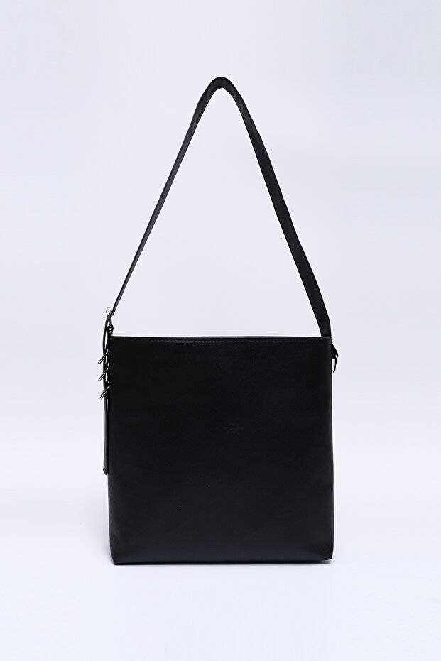 Shk175 Black Faux Leather Bag with Snap Fastener, Lining, Inner Pocket and Adjustable Strap