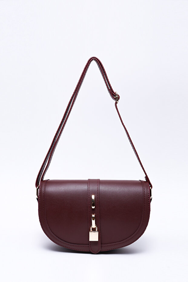 Burgundy Shk92 Lock Detailed Faux Leather Single Compartment Snap Fastener Hand, Arm and Shoulder Bag