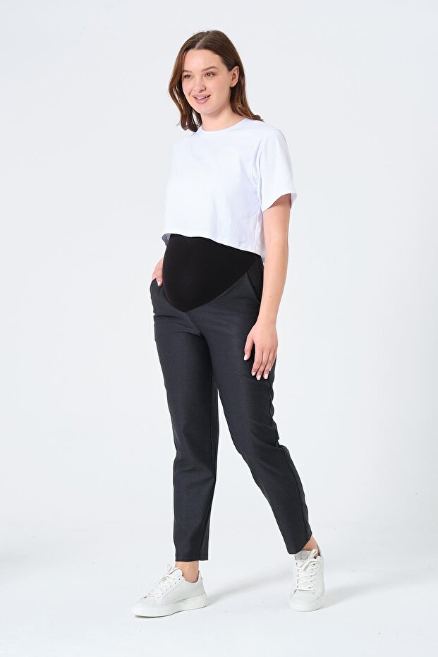 Maternity Stretchy Tummy Banded Waist Adjustable Mom Fit Classic Gabardine Trousers Black Melanj