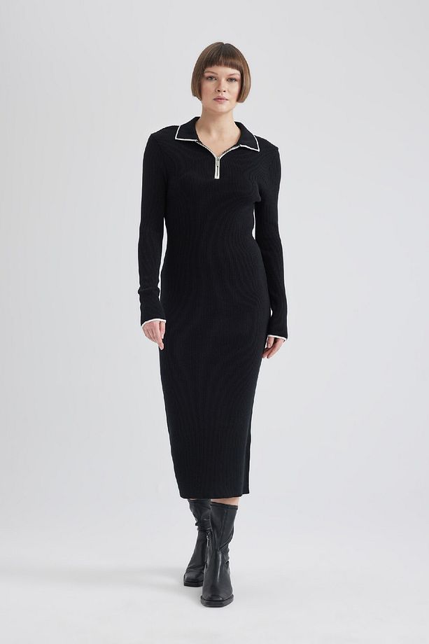 Regular Fit Polo Yaka Yarım Fermuarlı Basic Düz Uzun Kollu Maxi Triko Elbise C1493ax24sp - 1