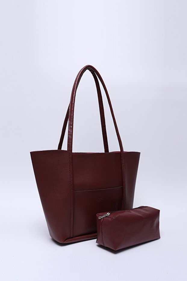 Burgundy Shk80 Faux Leather Large Size Shoulder Bag with Front Pocket and Snap Fastener Makeup Bag