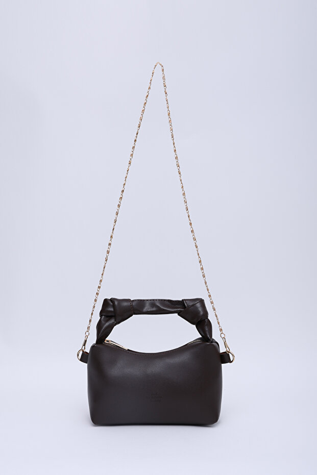 Coffee Color Shk24 Soft Leather Knot Detailed Chain Strap Hand and Shoulder Bag L:14 W:22 W:8 cm