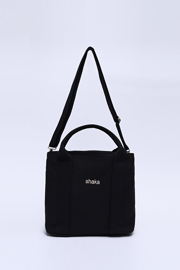 Black Shk165 Canvas Fabric Two-Compartment Zippered, Hand, Arm and Shoulder Bag L:22 W:25 W:10 cm