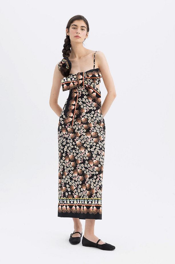 Lug Von Siga x DeFacto Bodycon Desenli Askılı Poplin Midi Elbise C1297AX24SM - 5