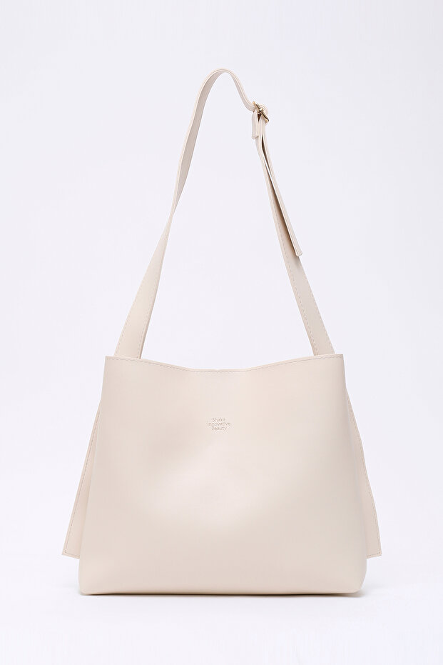 Cream Shk179 Faux Leather, Single Compartment, Snap Fastener, Hand, Arm and Shoulder Bag with Makeup Bag