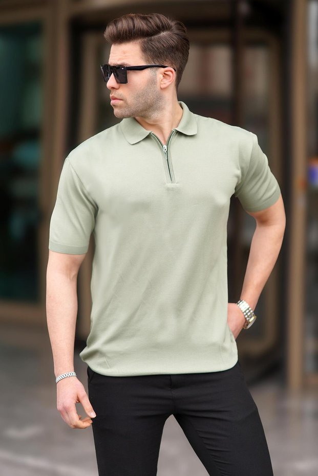 Green Zipper Detailed Polo Collar Knitwear T-Shirt 6885