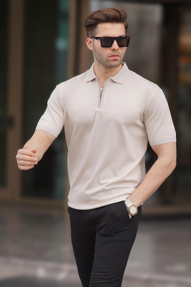 Beige Zipper Detailed Polo Collar Knitwear T-Shirt 6885