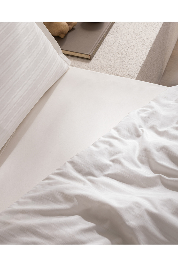 Melicia egyszemélyes pamut csíkos szatén paplanhuzat szett - Ecru - 4