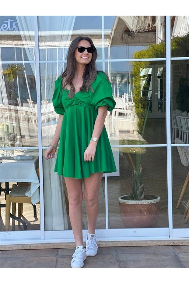 Women's Balloon Watermelon Sleeve Poplin Flared Short Dress