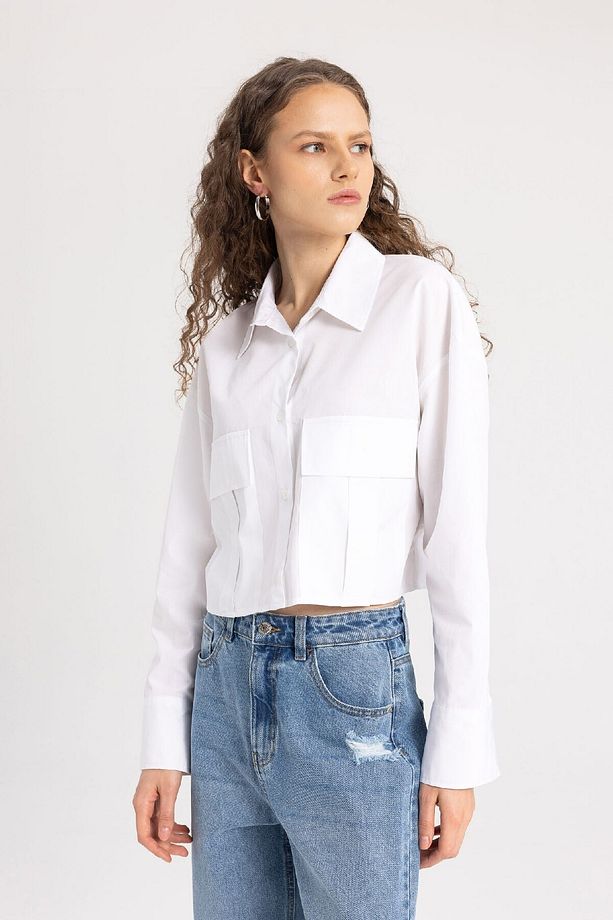 Crop Poplin Basic Düz Uzun Kollu Gömlek C2355ax24sp - 4