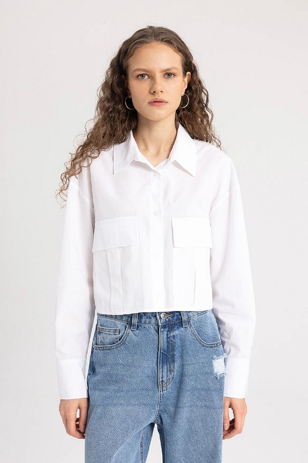 Crop Poplin Basic Düz Uzun Kollu Gömlek C2355ax24sp - 3