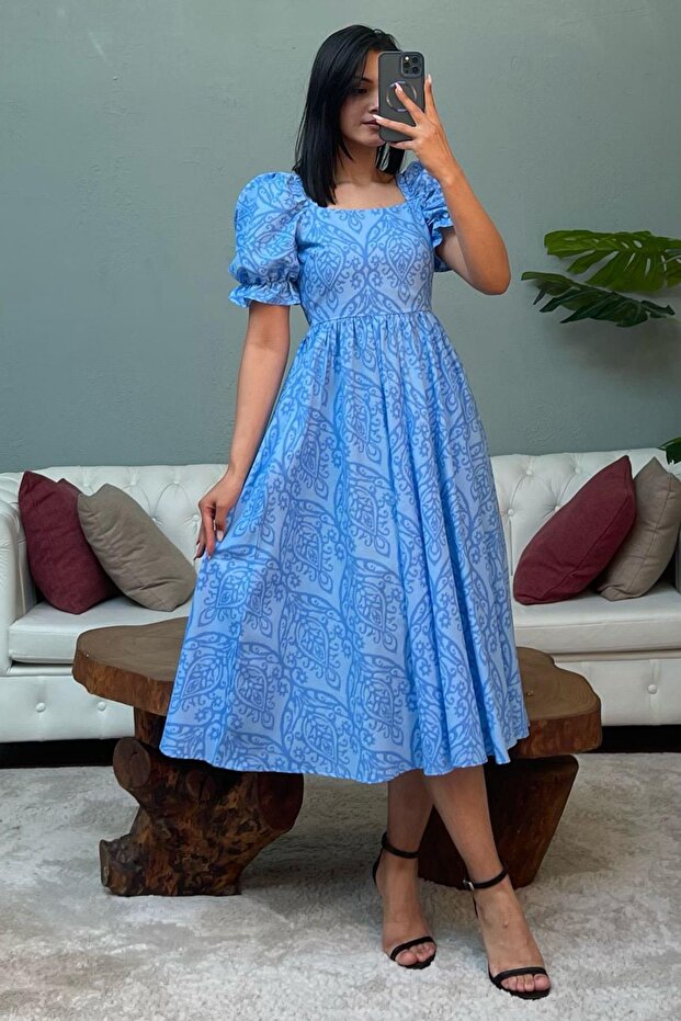 Blue Balloon Sleeve Patterned Midi Length Women's Dress Mg2419