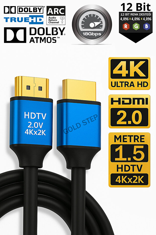 كابل HDMI بطول 1.5 متر 4K فائق الدقة 2.0 فولت برأس ألومنيوم ذهبي