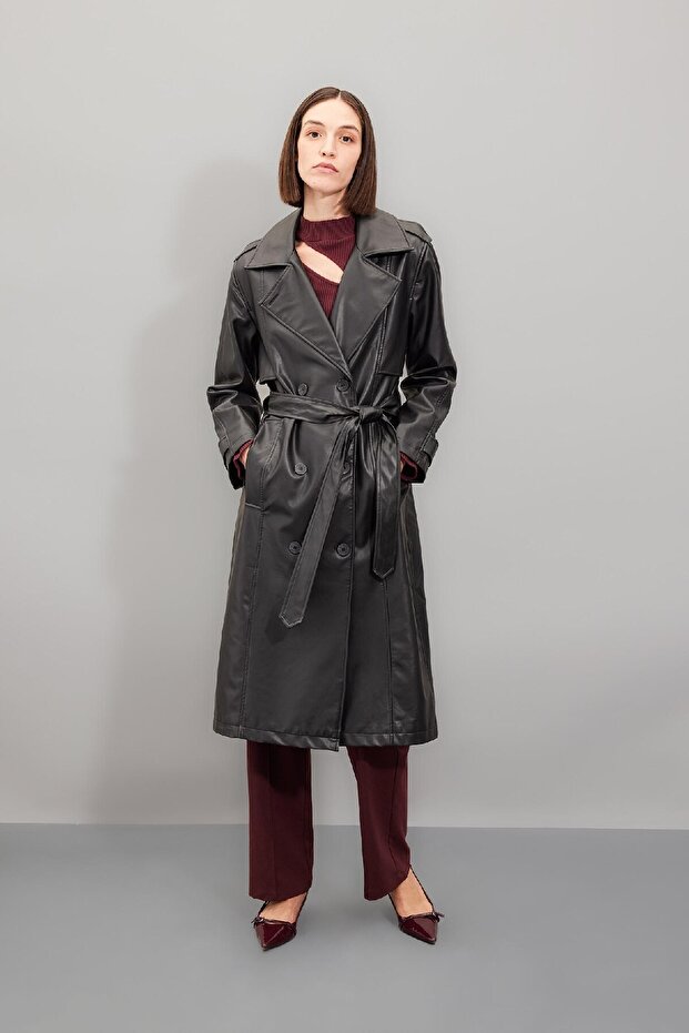Water Repellent Faux Leather Trench Coat Double Breasted Collar Buttoned Belted Pockets A7960Ax24Au
