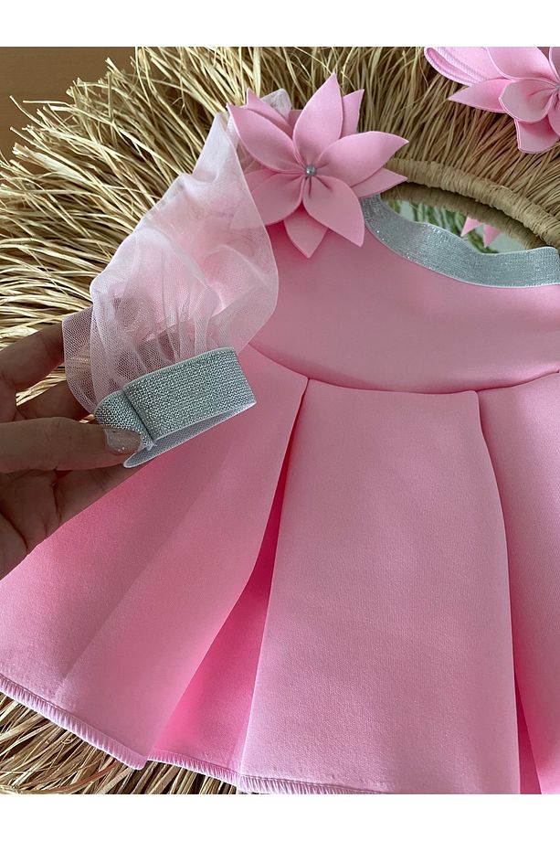 Kız çocuk tek kolu tül pembe çiçekli elbise ve bandana - 2