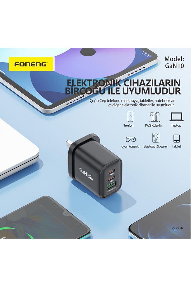 Gan10 65w Gan Usb-c 2 Port Usb 1 Port Hızlı Şarj Adaptör (TYPE-C KABLO SİYAH) - 8