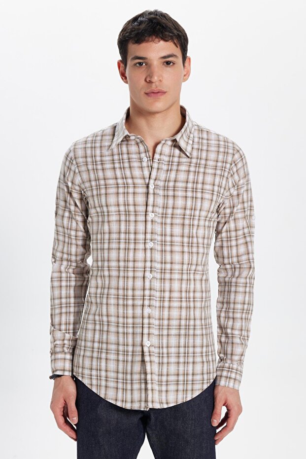 Men's Slim Fit Slim Fit 100% Cotton Linen Texture Checkered Shirt