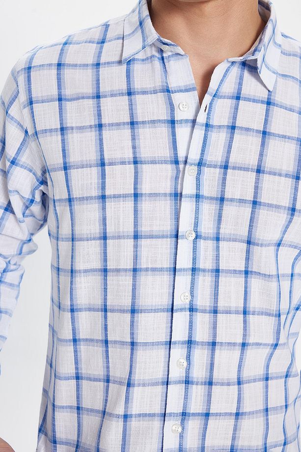 Erkek Slim Fit Dar Kesim %100 Pamuk Keten Doku Kareli Gömlek - 4