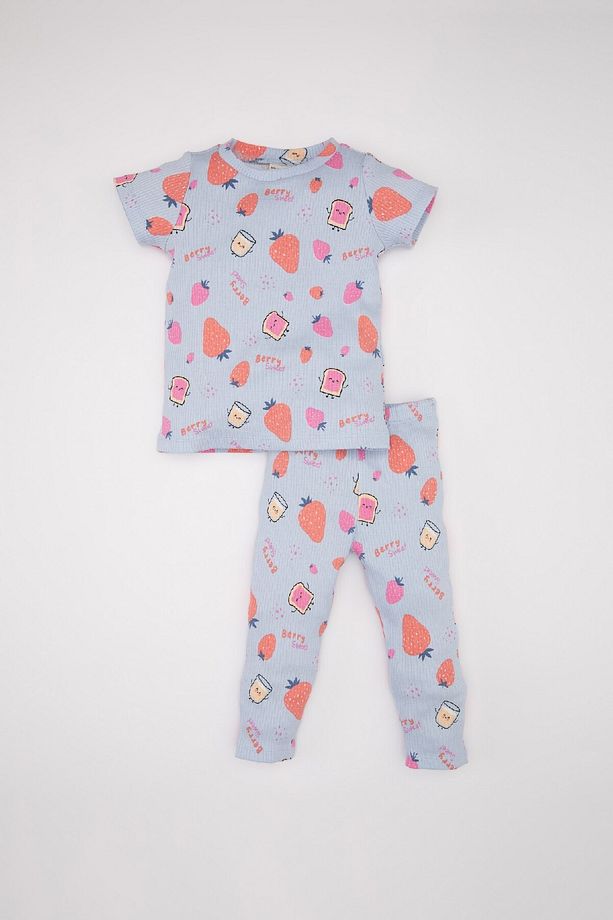 Kız Bebek Pijama Takımı Fitilli Kaşkorse Desenli Kısa Kollu Üst Uzun Alt C3477a524sm - 1