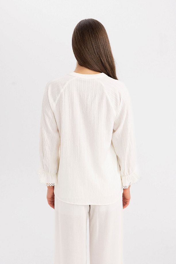 Oversize Geniş Kalıp V Yaka Krinkıl Kumaş Uzun Kollu Bluz C4037ax24sm - 5