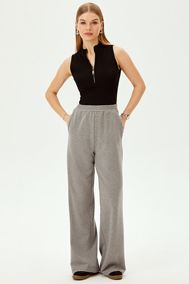 Beli Lastikli Regular Gri Örme Pantolon - 3
