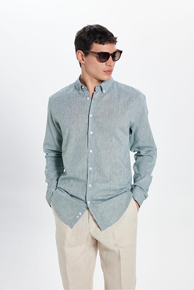 Men's Slim Fit Slim Fit Linen Effect Premium Series Button Collar Plain Mint Shirt