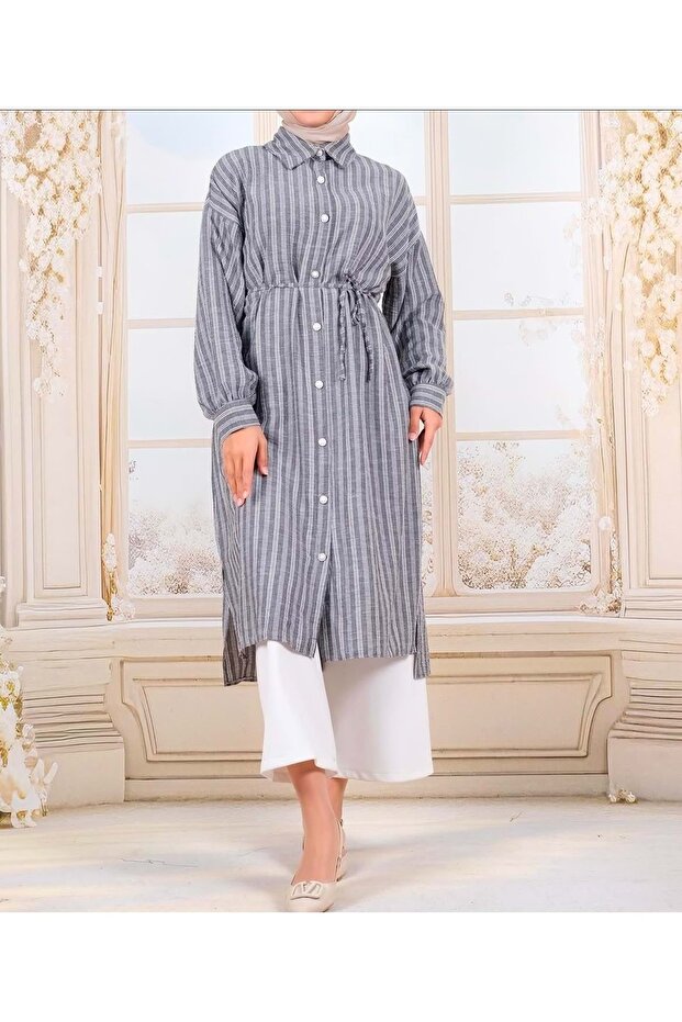 25Y22007 Tunic Long Striped Gray